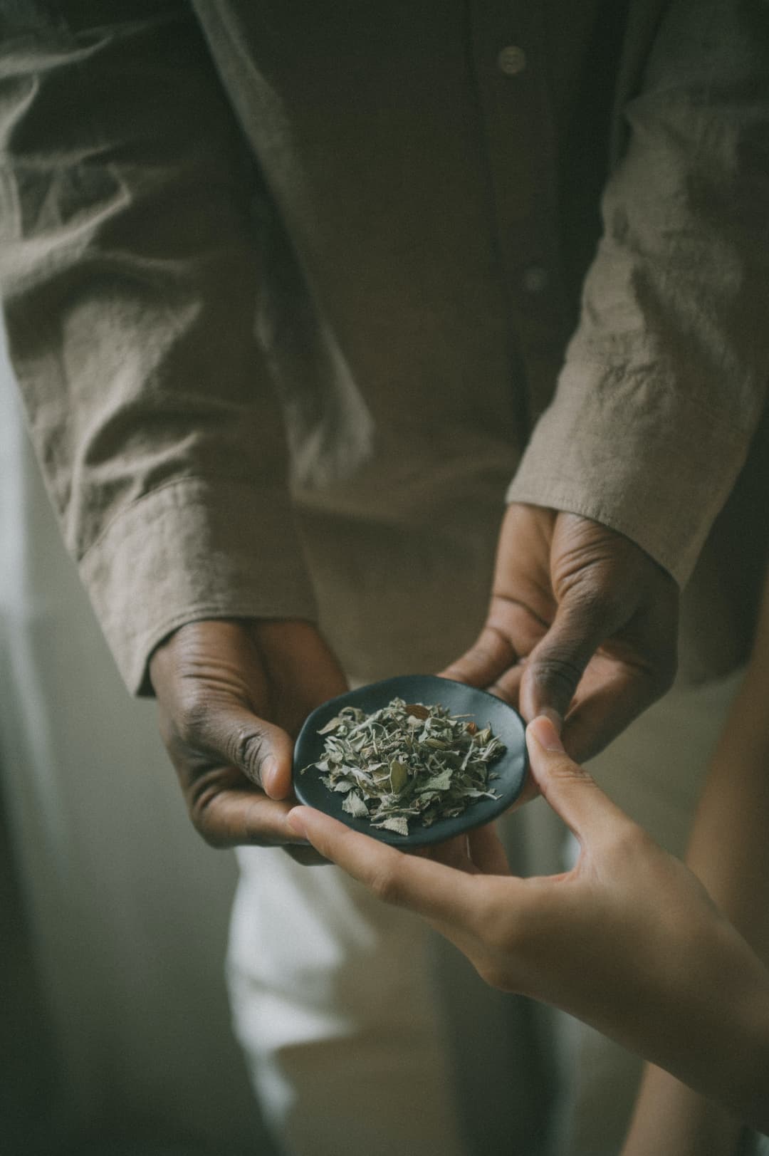 Hands sharing a bowl of herbs